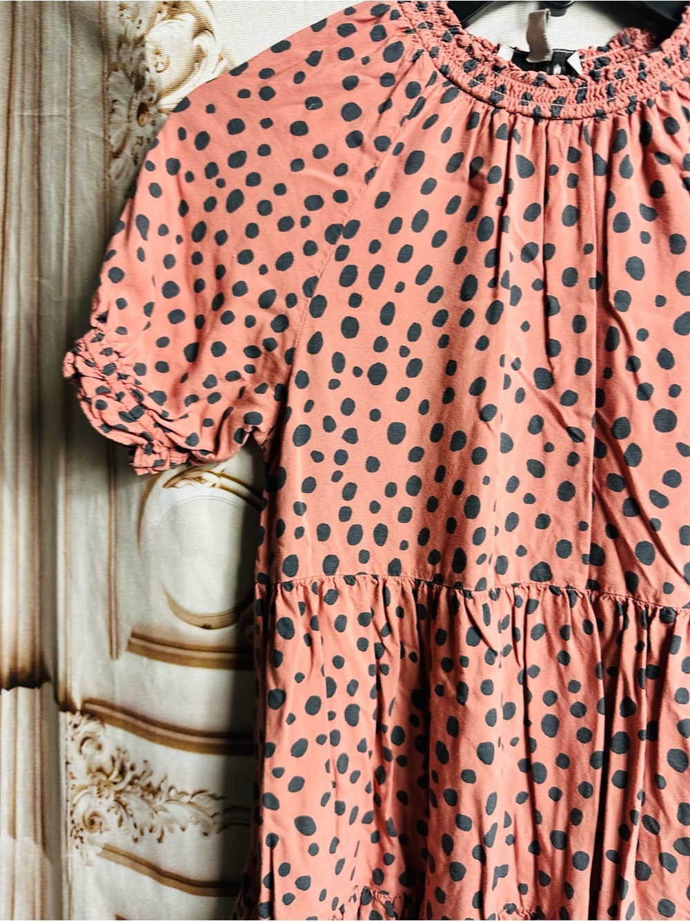 Smocked Neck Pink Polka Dot Tiered Girls Dress - Picture 4 of 9